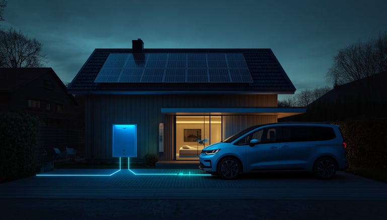 Elektroauto lädt nachts an Wallbox vor Haus mit Solaranlage – bidirektionales Laden V2H