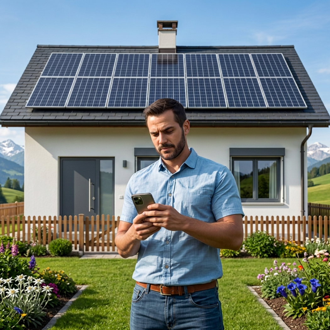  Bild Person, überprüft Solaranlage vor dem Haus.