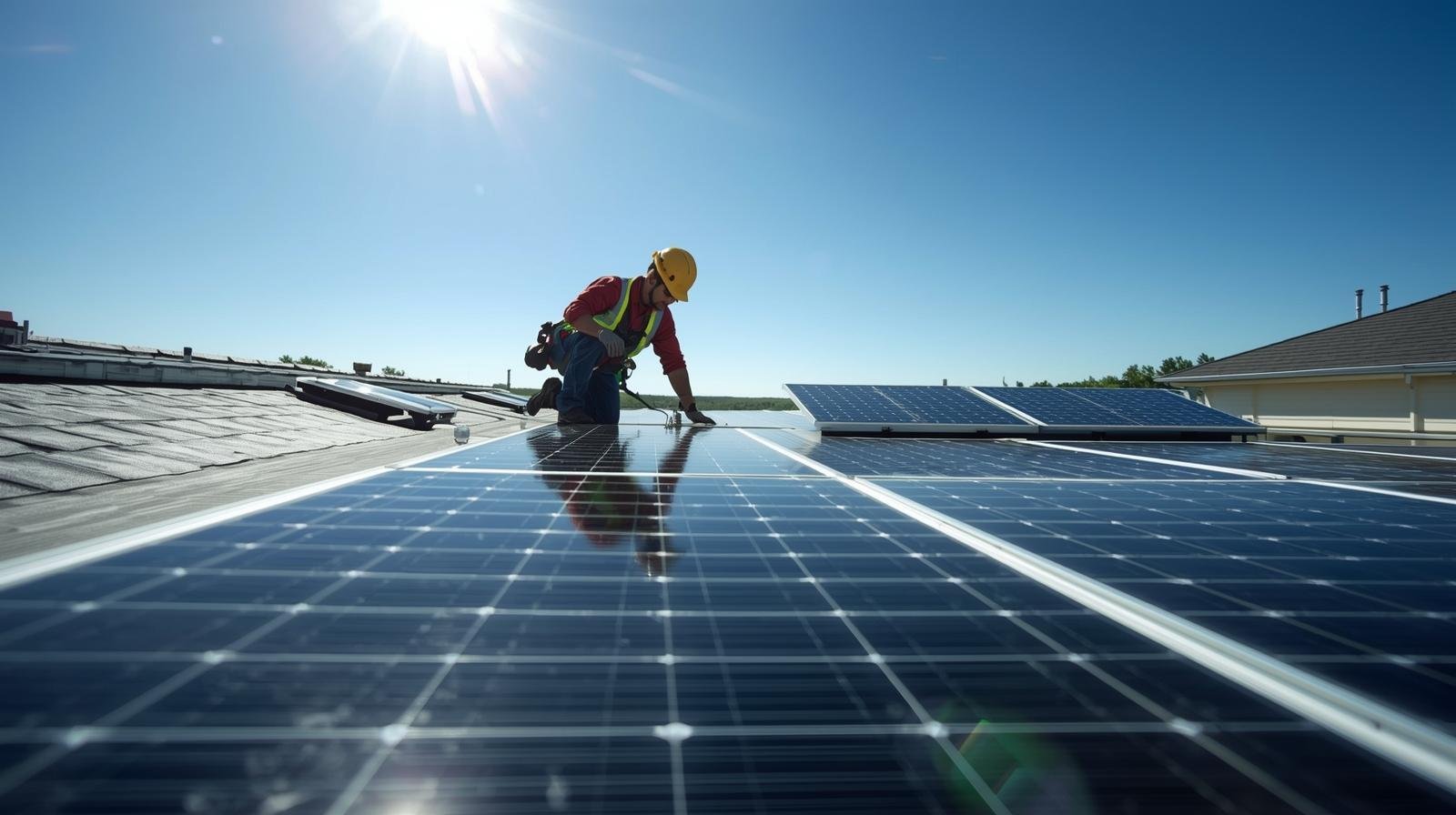 Erstelle mir ein Bild einer Solaranlage die Überprüft wird. Einfamilienhaus auf dem Flachdach