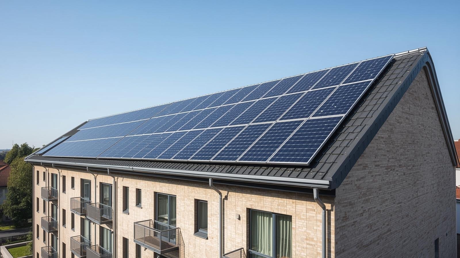 Ich benörtige ein Bild eines Mehrfamilienhauses mit Solaranlage auf dem Dach. Die Solarpannels sollen eine Ost West ausrichtung haben