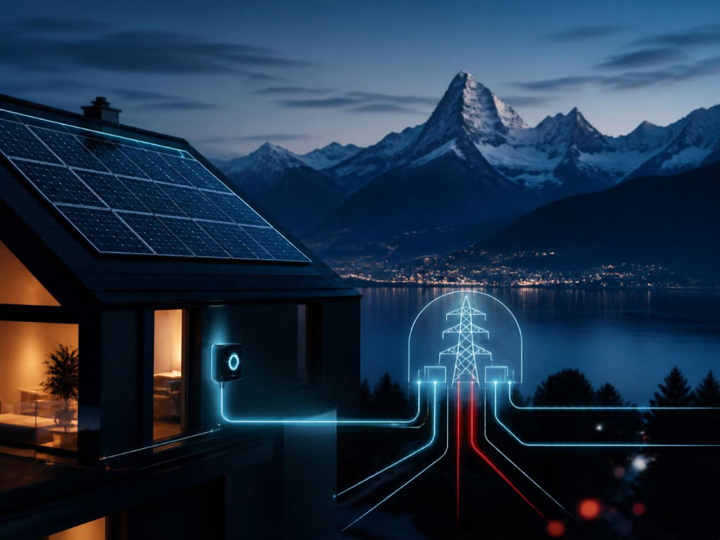 Bild: Haus und Netzeinspeisung mit Bergkulisse